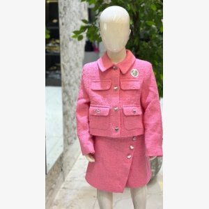 Girls Pink Boucle Blazer And Skirt Set