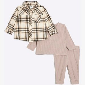 Baby Boys Beige Check Shirt Set