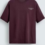 Zara men's maroon cotton round neck T-shirt features a small white printed slogan "A Forbidden Love, Rekindled." on the left chest.
