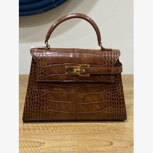 ELISE LARGE CROC - EMBOSSED TOP HANDLE BAG- CHESTNUT BROWN