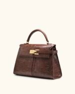 ELISE LARGE CROC - EMBOSSED TOP HANDLE BAG- CHESTNUT BROWN - Image 3