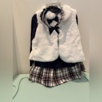 Tahari: Kids Girls Plaid Skirt, Navy Top & Faux Fur Vest 5PC Set