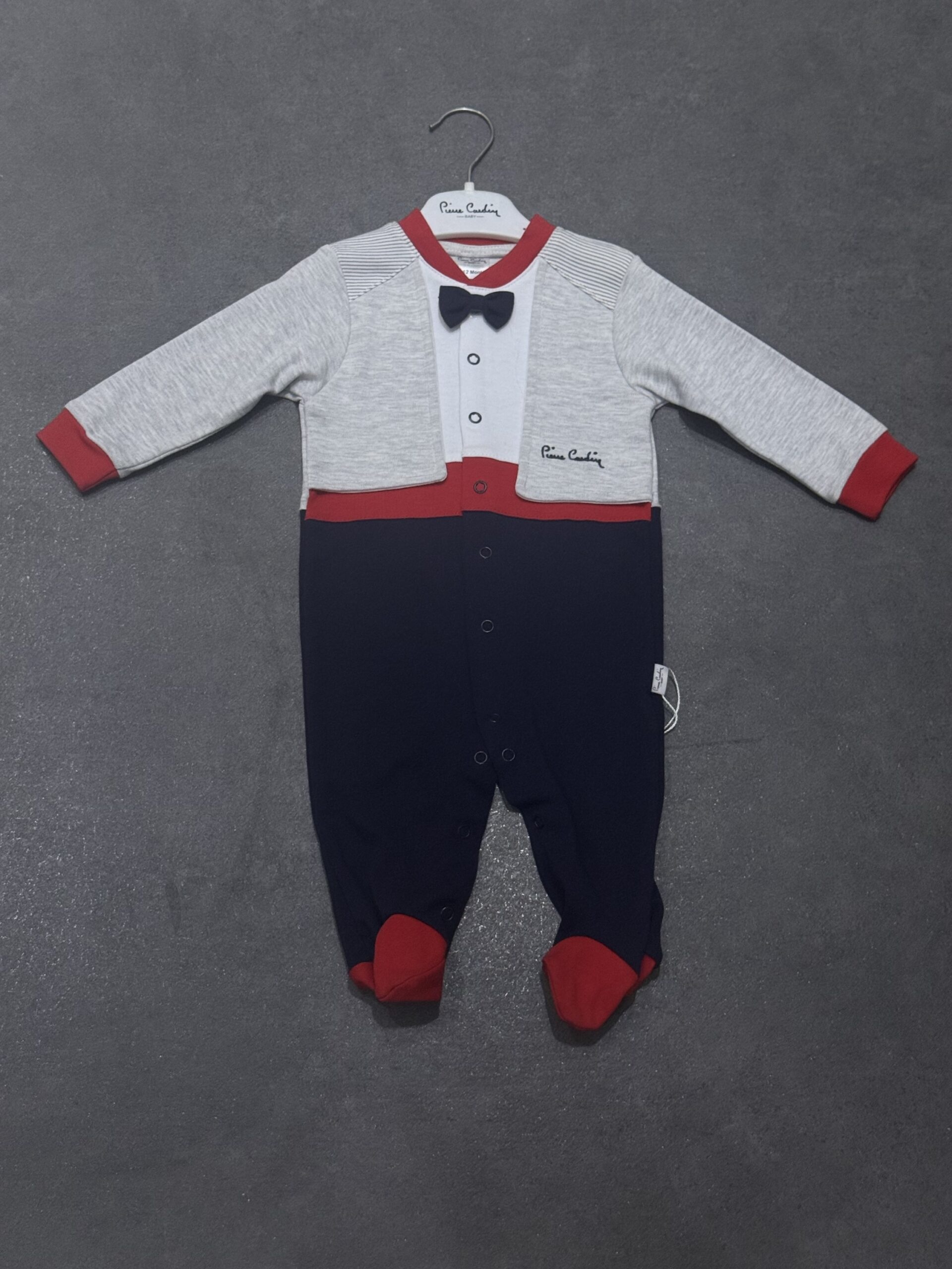 img_3486-2 Pierre Cardin Bowtie Tuxedo Baby Romper - Image 1