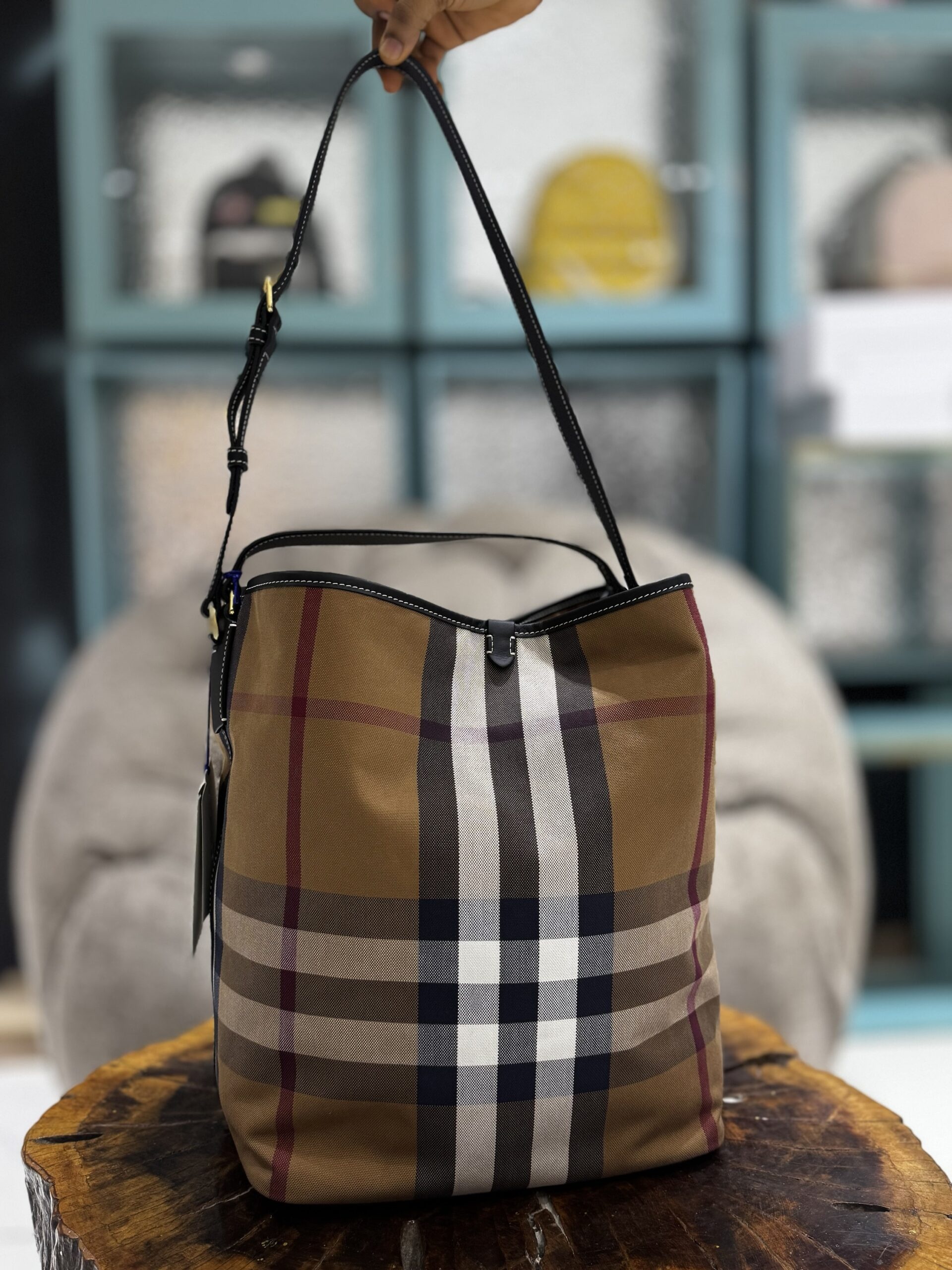 img_8458 BURBERRY ASHBY CANVAS CHECK BUCKET BAG - Image 1