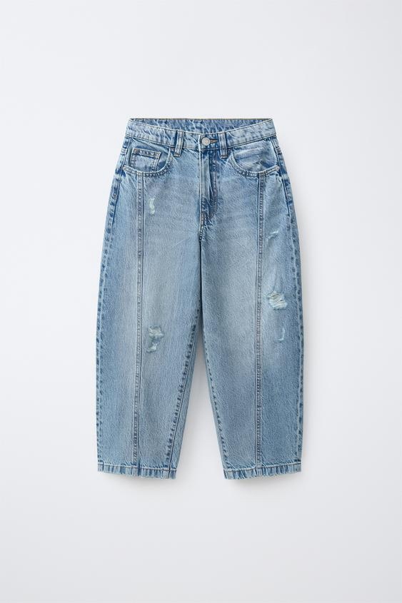 img_6419-2 Zara: Kids Ripped Barrel-Leg Jeans – Medium Blue Wash - Image 1