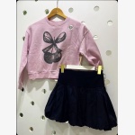River Island:Girls Pink Cherry Bow Sweatshirt & Black Bubble Skirt Set - Image 2