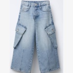 Zara :Girls Wide-Leg Denim Cargo Jeans with Pockets