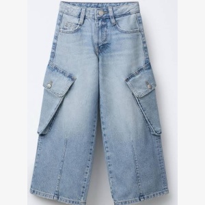 Zara :Girls Wide-Leg Denim Cargo Jeans with Pockets